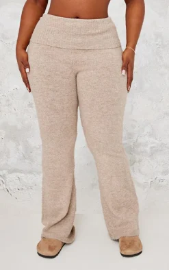 Plus Taupe Melange Soft Knit Foldover Waist Flared Pants