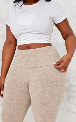 Plus Taupe Melange Soft Knit Foldover Waist Flared Pants