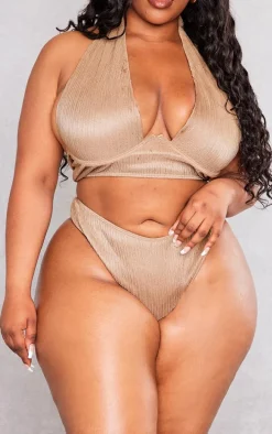 Plus Taupe Plisse High Leg Bikini Bottoms