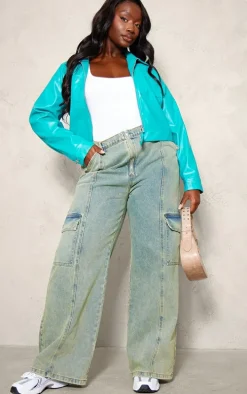 Plus Teal Pu Pocket Detail Casual Jacket