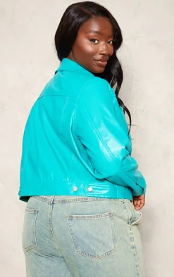 Plus Teal Pu Pocket Detail Casual Jacket