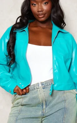 Plus Teal Pu Pocket Detail Casual Jacket
