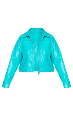 Plus Teal Pu Pocket Detail Casual Jacket