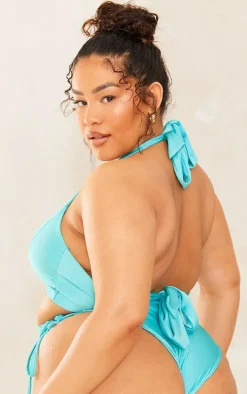 Plus Turquoise Halterneck Plunge Front Bikini Top