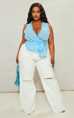 Plus Turquoise Plunge Front Ruffle Wrap Detail Top