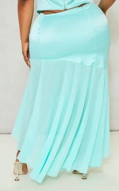 Plus Turquoise Satin Chiffon Hem Midi Skirt