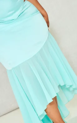 Plus Turquoise Satin Chiffon Hem Midi Skirt