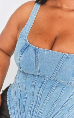 Plus Vintage Light Wash Seam Detail Denim Corset