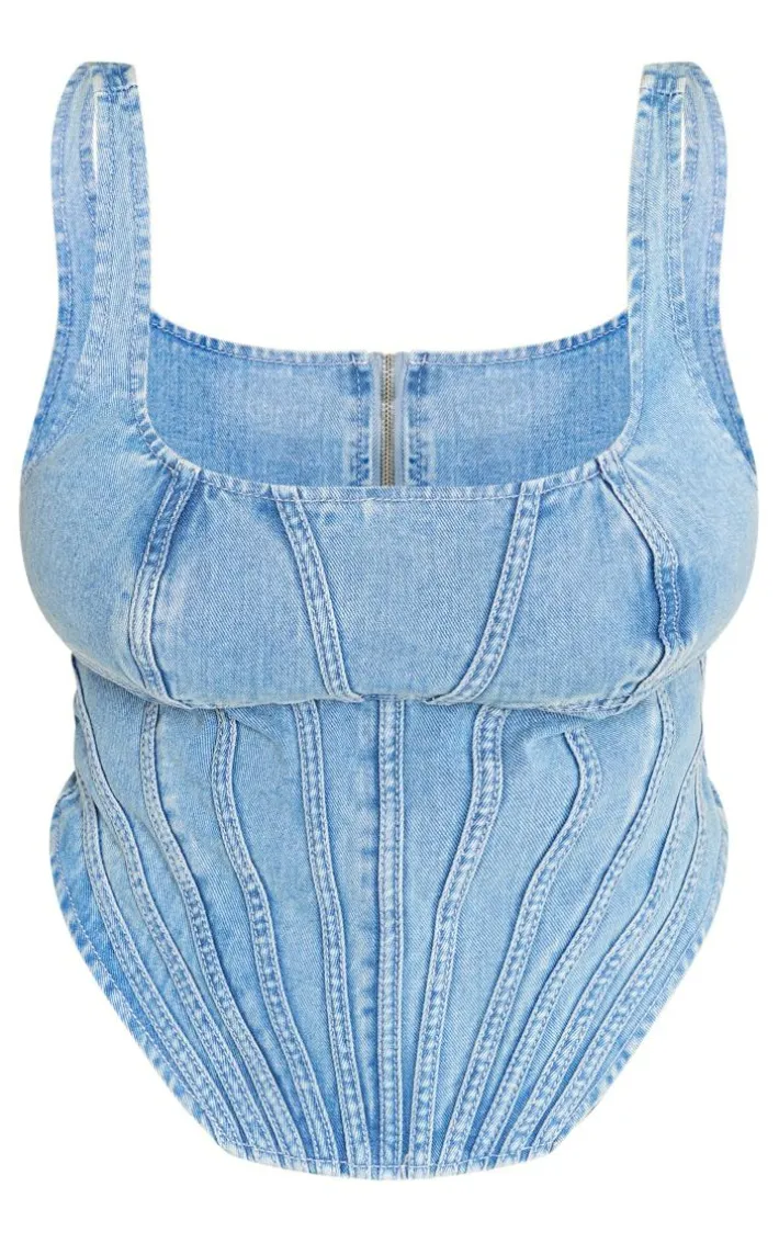 Plus Vintage Light Wash Seam Detail Denim Corset