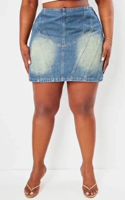 Plus Vintage Mid Wash Contrast Seam Detail Brushed Denim Mini Skirt