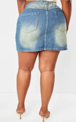 Plus Vintage Mid Wash Contrast Seam Detail Brushed Denim Mini Skirt