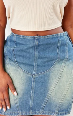Plus Vintage Mid Wash Contrast Seam Detail Brushed Denim Mini Skirt