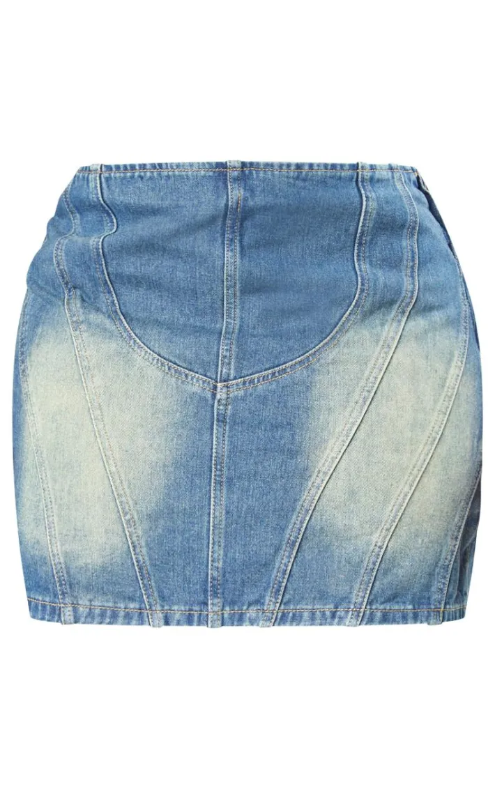 Plus Vintage Mid Wash Contrast Seam Detail Brushed Denim Mini Skirt