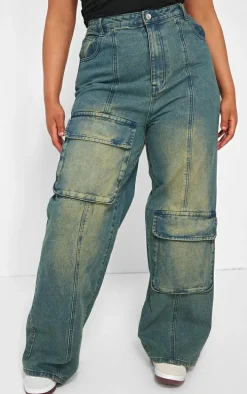 Plus Vintage Mid Wash Oversized Cargo Pocket Detail Wide Leg Jeans