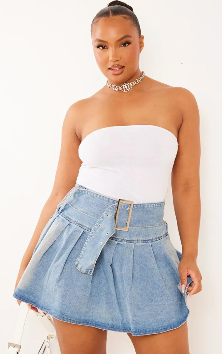 Plus Vintage Wash Belted Denim Pleated Mini Skirt