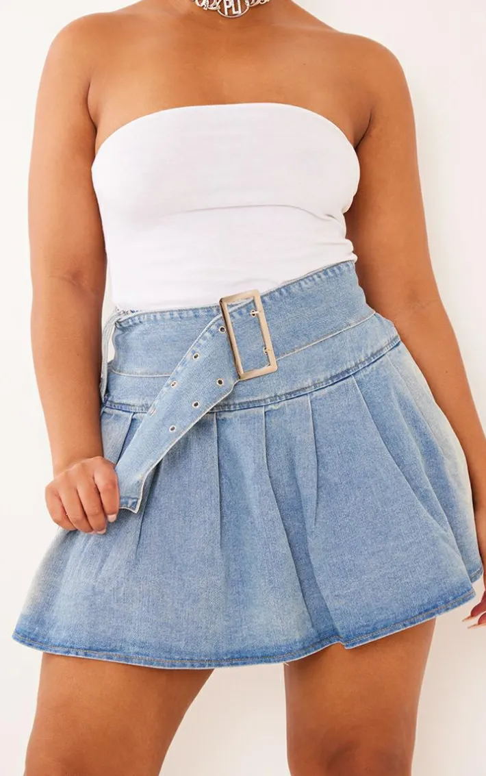Plus Vintage Wash Belted Denim Pleated Mini Skirt