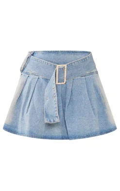 Plus Vintage Wash Belted Denim Pleated Mini Skirt