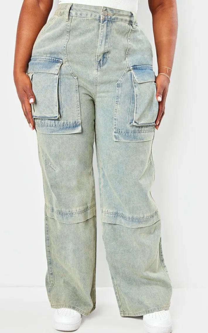 Plus Vintage Wash Cargo Wide Leg Denim Jeans