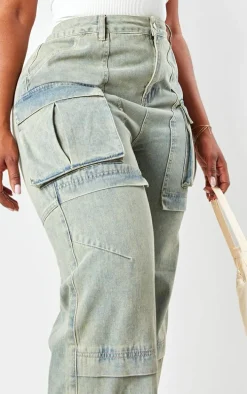 Plus Vintage Wash Cargo Wide Leg Denim Jeans