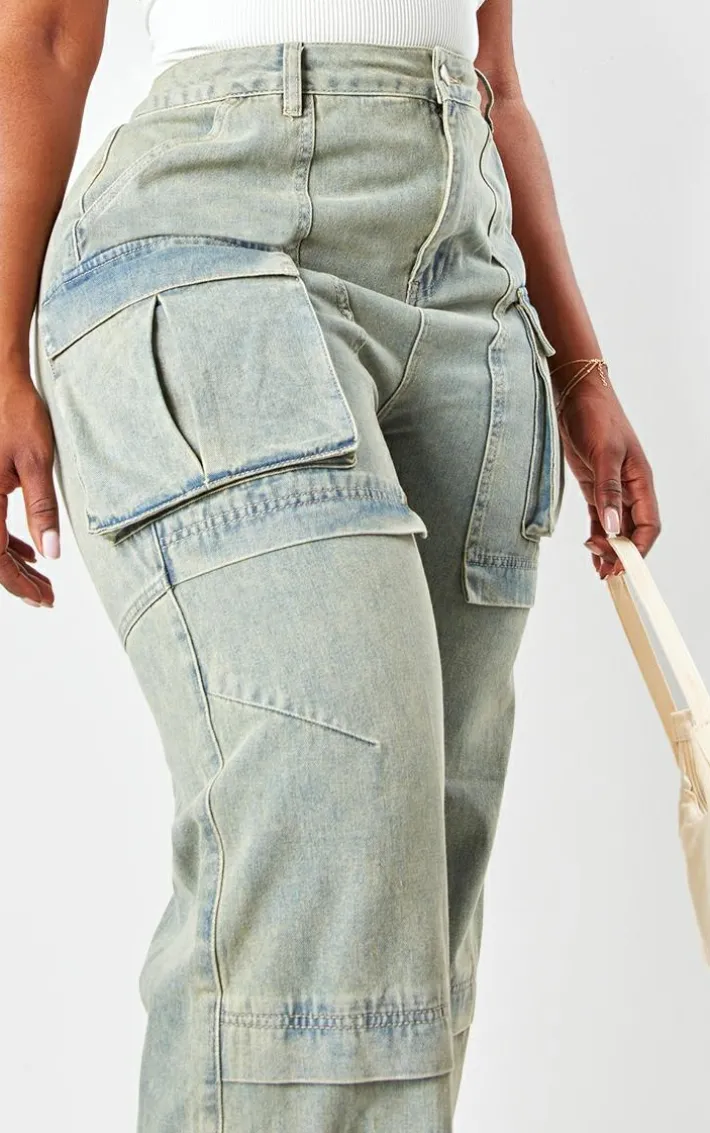 Plus Vintage Wash Cargo Wide Leg Denim Jeans