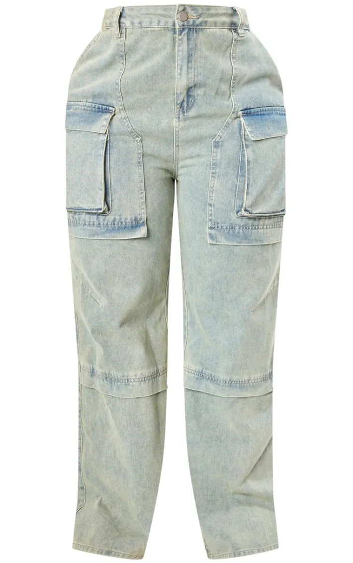 Plus Vintage Wash Cargo Wide Leg Denim Jeans