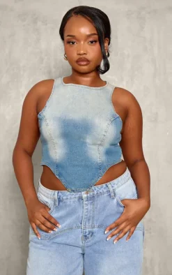 Plus Vintage Wash Dipped Front Denim Crop Top