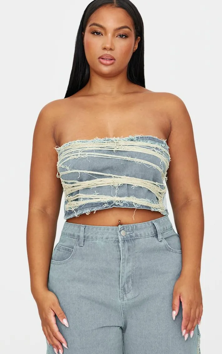 Plus Vintage Wash Extreme Fraying Detail Cropped Denim Corset Top
