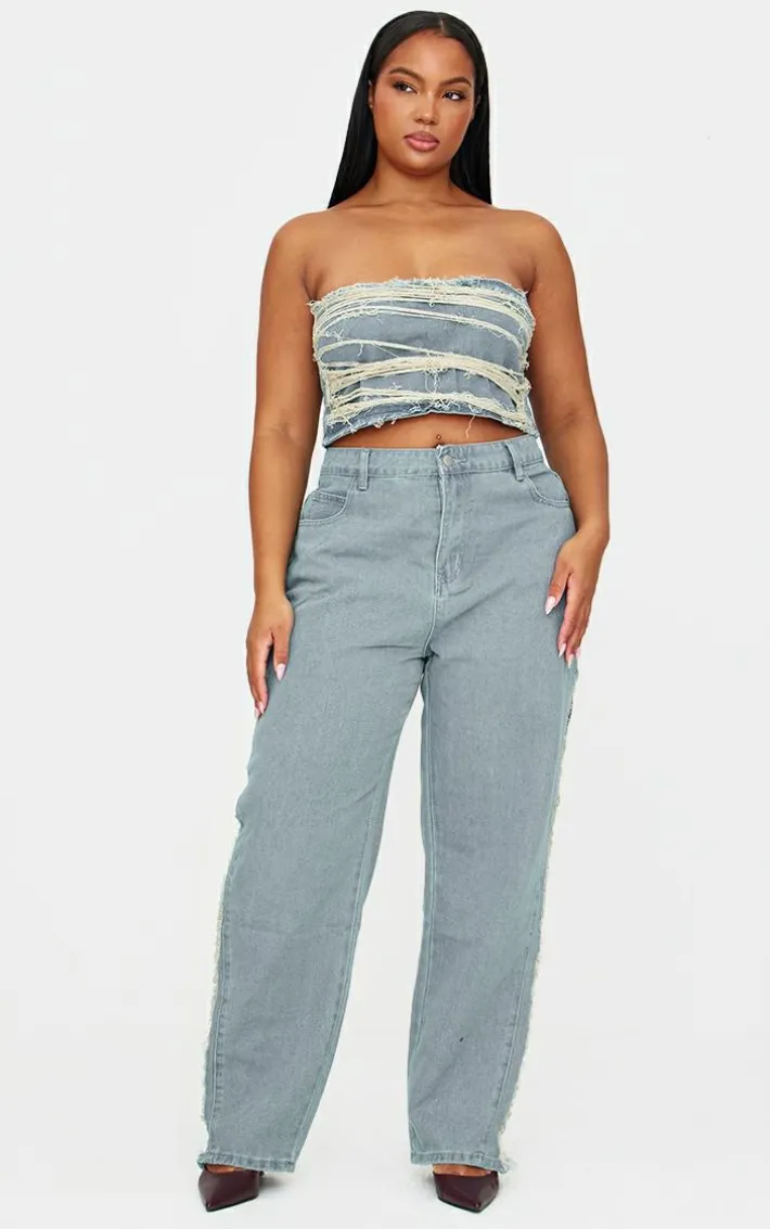 Plus Vintage Wash Extreme Fraying Detail Cropped Denim Corset Top