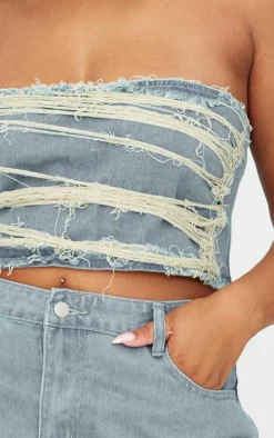 Plus Vintage Wash Extreme Fraying Detail Cropped Denim Corset Top