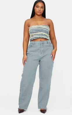 Plus Vintage Wash Extreme Fraying Detail Wide Leg Denim Jeans