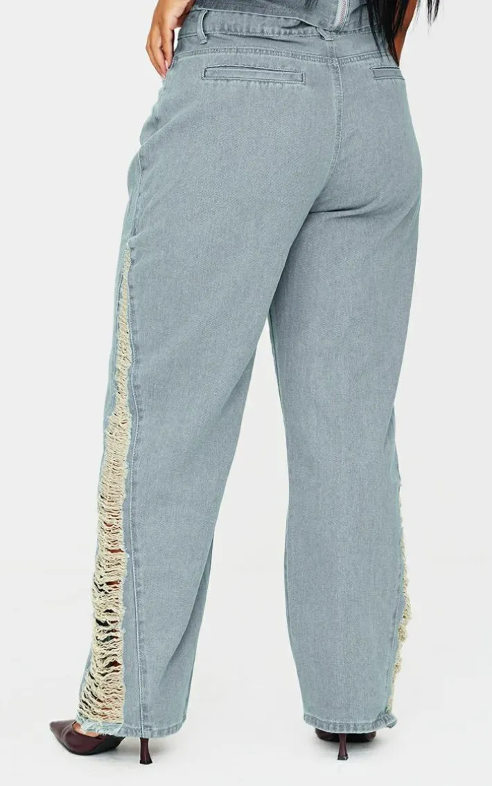 Plus Vintage Wash Extreme Fraying Detail Wide Leg Denim Jeans