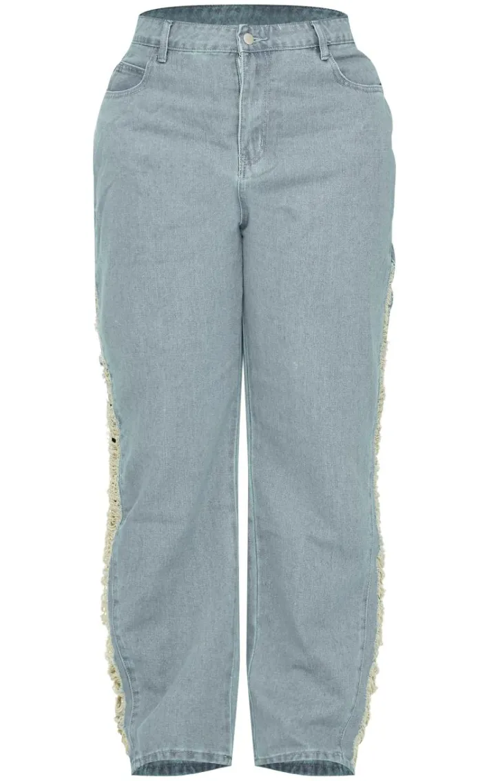 Plus Vintage Wash Extreme Fraying Detail Wide Leg Denim Jeans