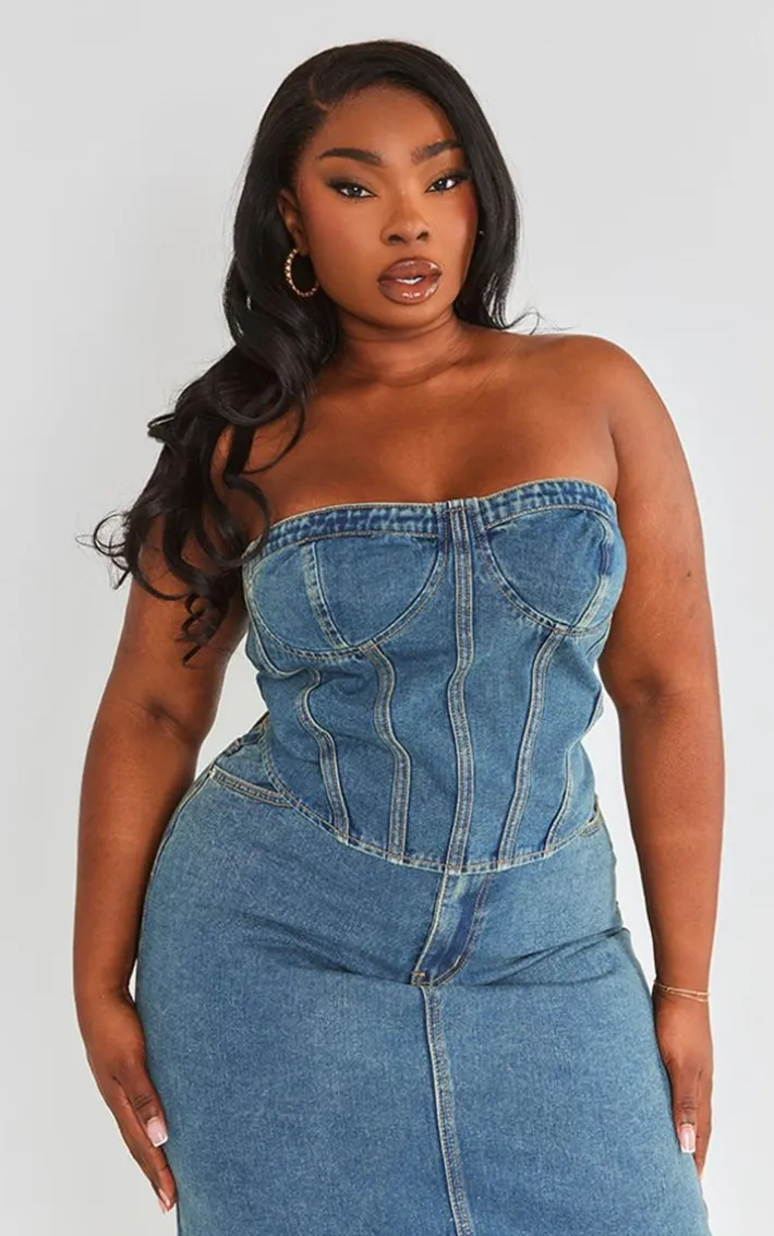 Plus Vintage Wash Seam Detail Denim Corset
