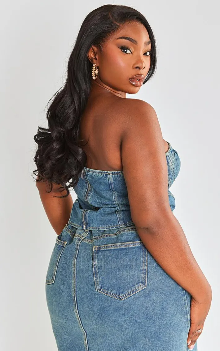 Plus Vintage Wash Seam Detail Denim Corset