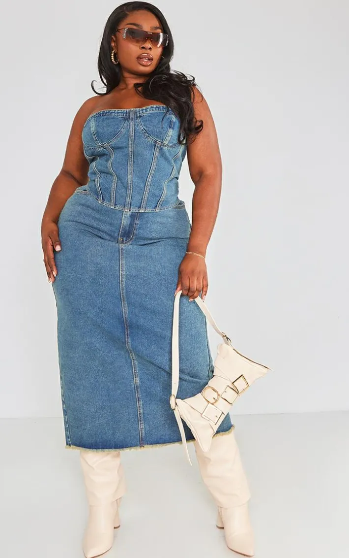 Plus Vintage Wash Seam Detail Denim Corset