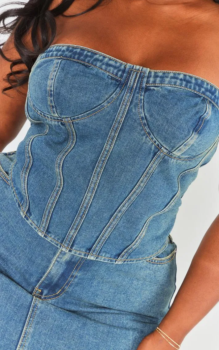 Plus Vintage Wash Seam Detail Denim Corset