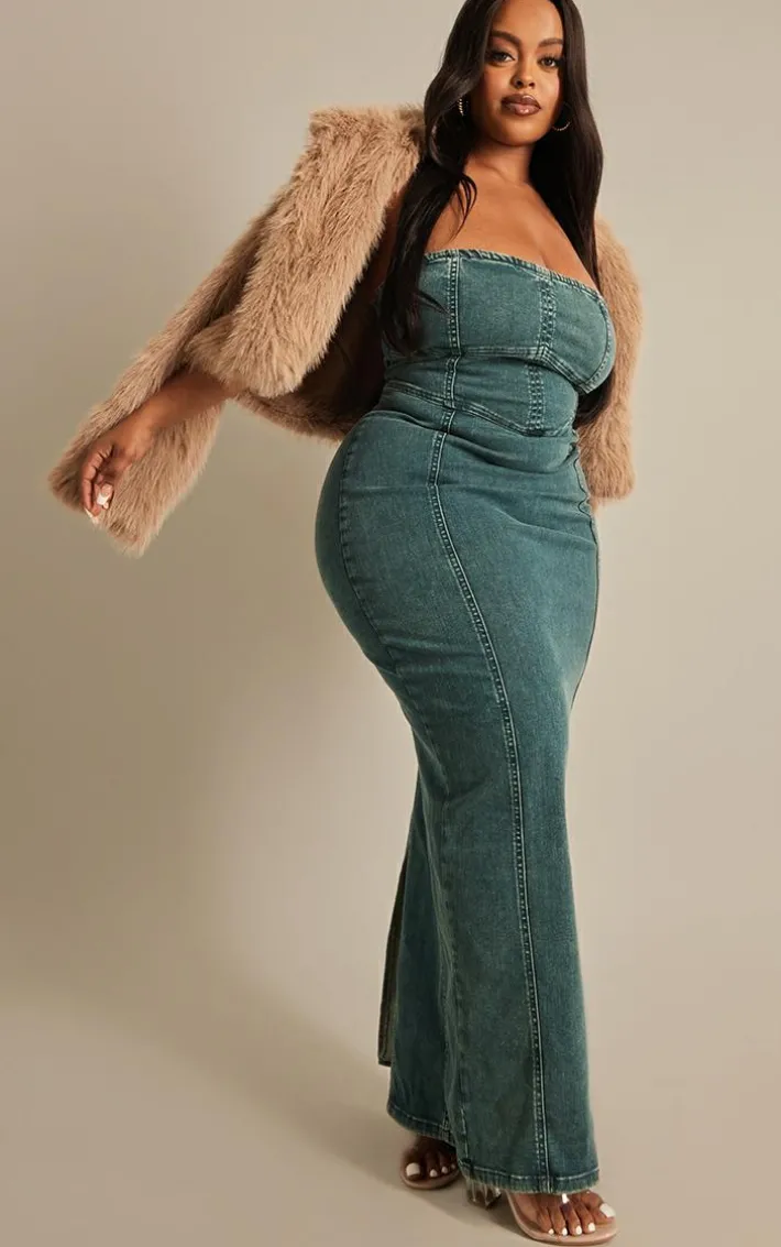 Plus Vintage Wash Seam Detail Denim Maxi Dress