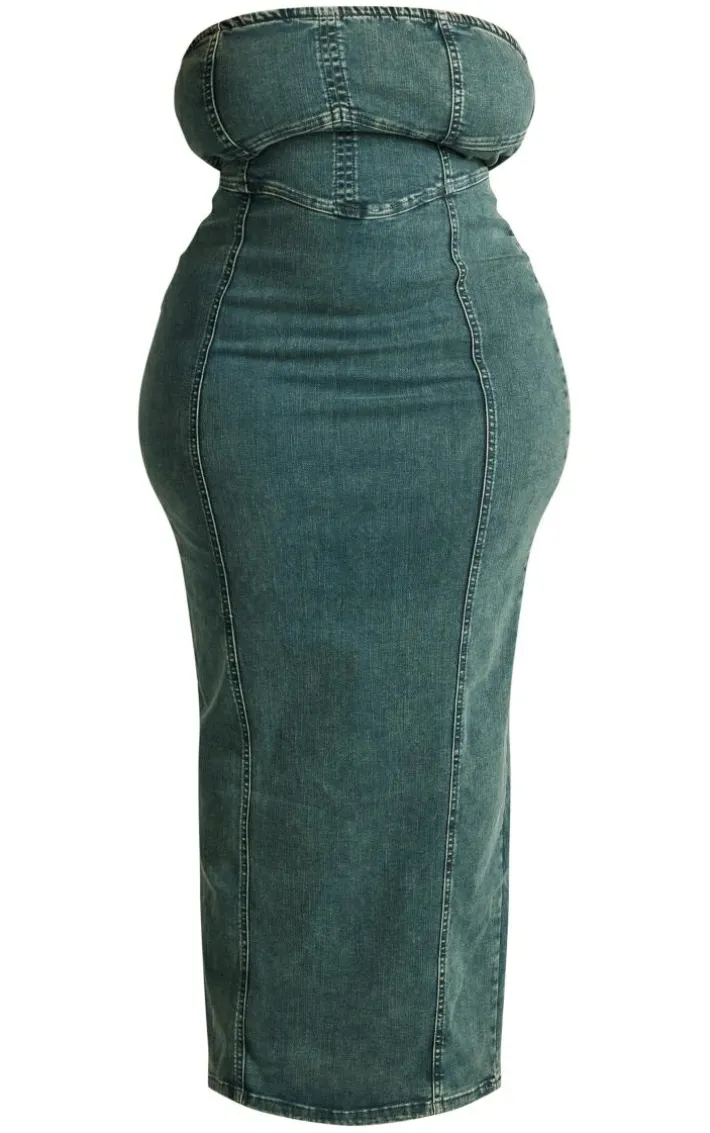 Plus Vintage Wash Seam Detail Denim Maxi Dress