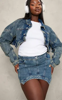 Plus Vintage Wash Washed Curved Hem Denim Mini Skirt