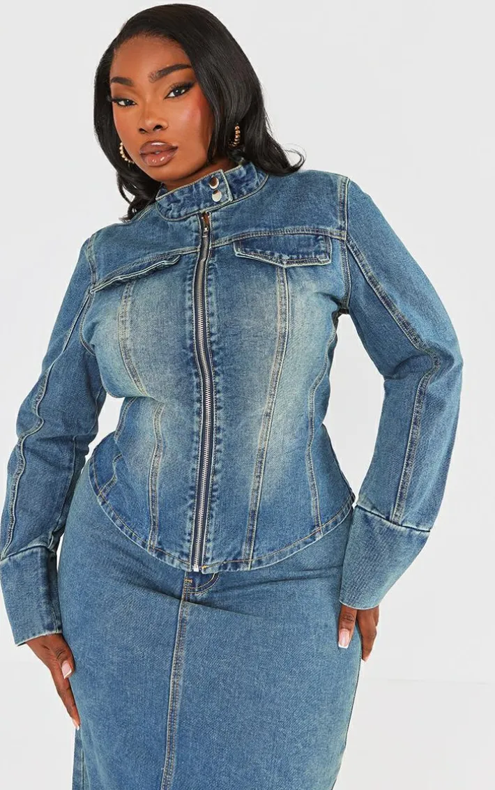 Plus Vintage Wash Zip Up Fitted Denim Jacket