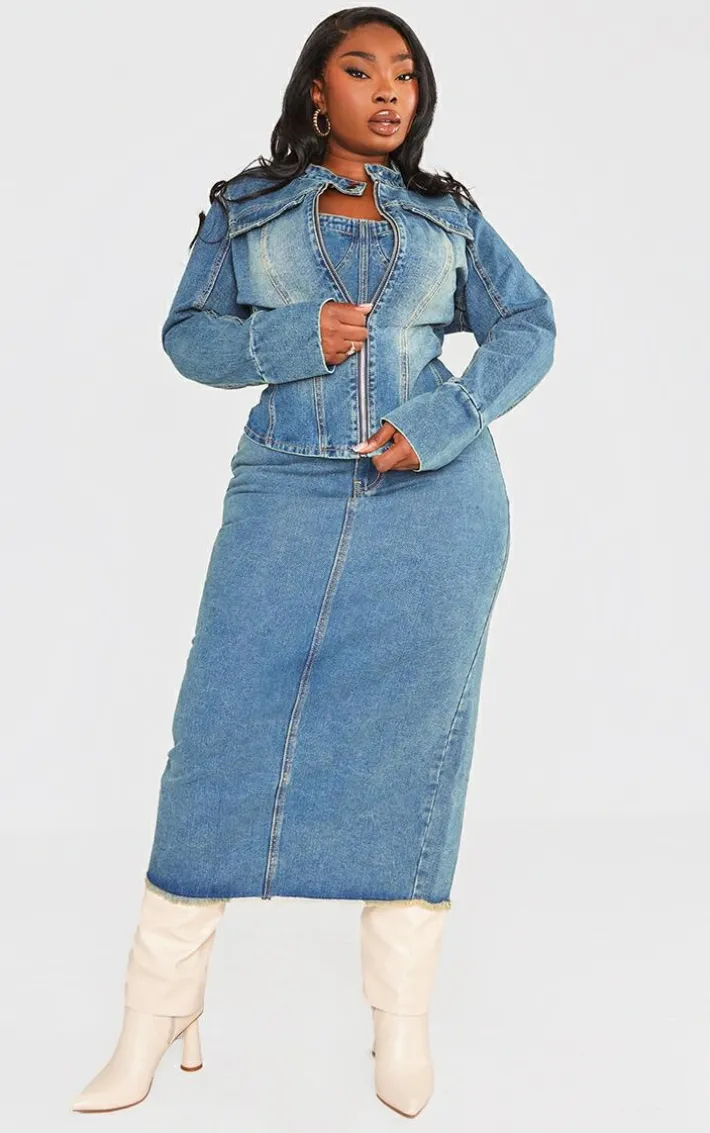 Plus Vintage Wash Zip Up Fitted Denim Jacket