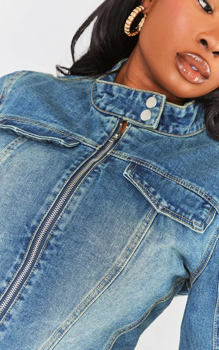 Plus Vintage Wash Zip Up Fitted Denim Jacket