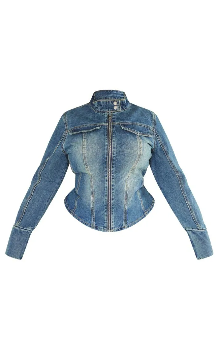 Plus Vintage Wash Zip Up Fitted Denim Jacket