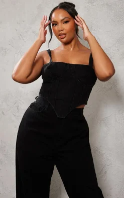 Plus Washed Black Acid Wash Denim Corset