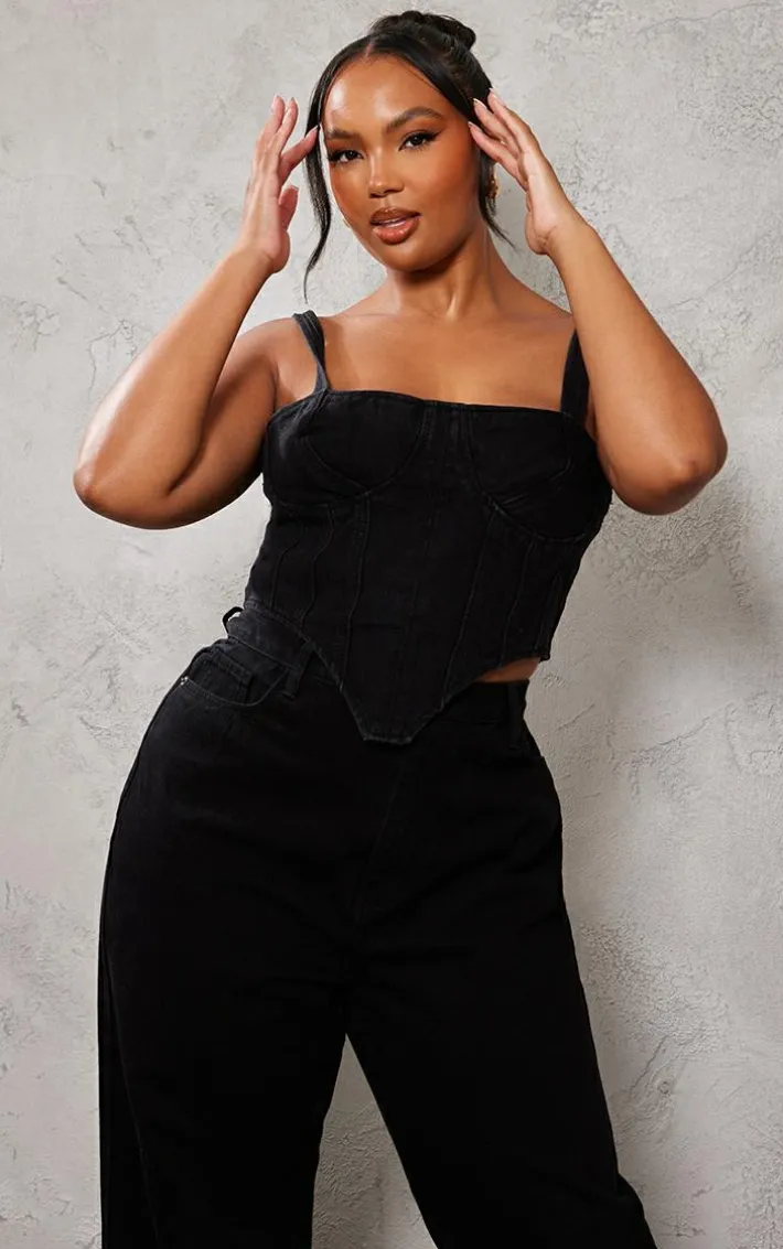 Plus Washed Black Acid Wash Denim Corset