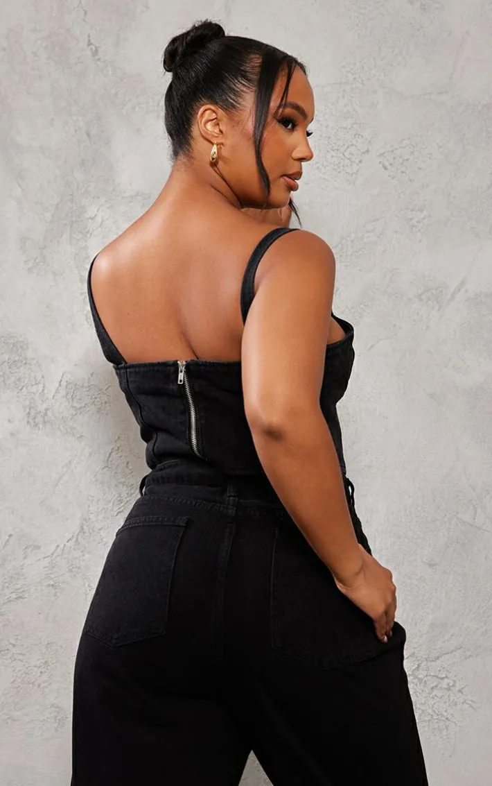 Plus Washed Black Acid Wash Denim Corset