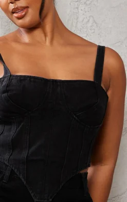 Plus Washed Black Acid Wash Denim Corset