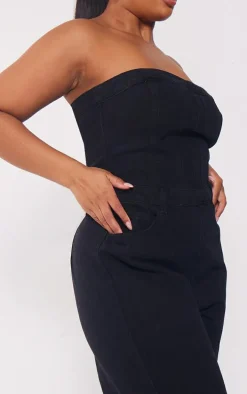 Plus Washed Black Bandeau Denim Jumpsuit