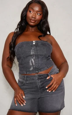 Plus Washed Black Bandeau Button Detail Denim Crop Top