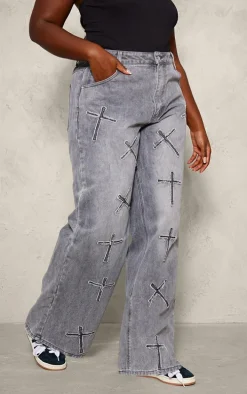Plus Washed Black Cross Applique Detail Wide Leg Jeans